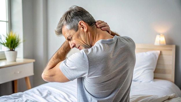 Photo a man is standing in a bed with a white sheet on it