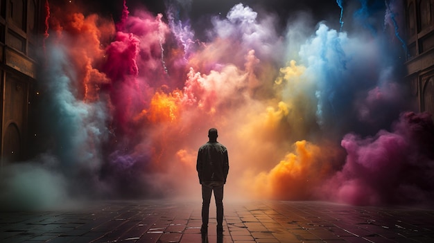 a man is standing in a big room with colorful clouds