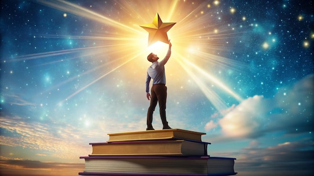 a man is standing on a book with a star above his head and a star above him