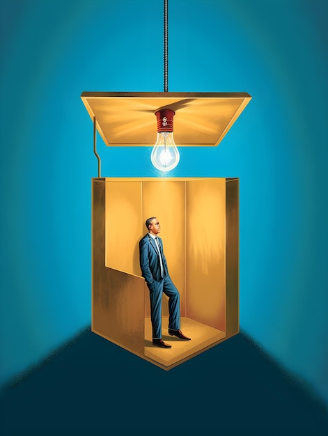 A man is standing in a box with a light bulb on it