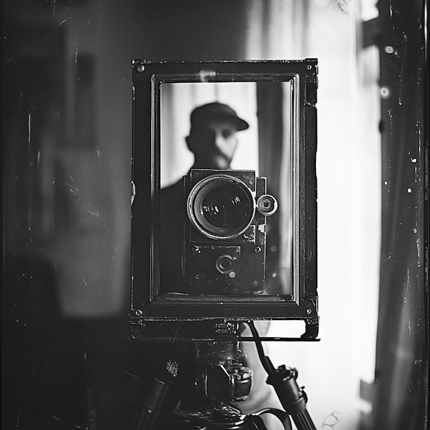 Photo a man is standing behind a camera with a camera on it