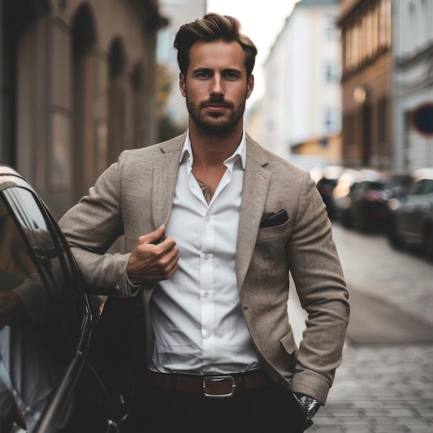 a man is standing in a car and he is wearing a well dressed