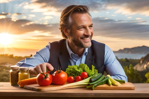 a man is standing behind a cutting board with vegetables and a glass of beer.