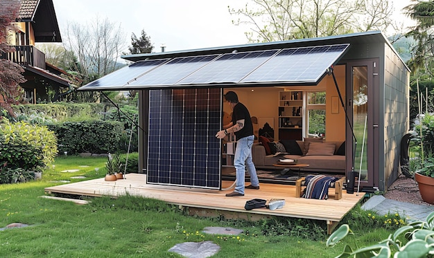 a man is standing on a deck with a solar panel on the roof