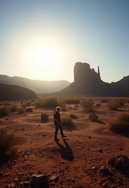 Photo a man is standing in the desert with a mountain in the background