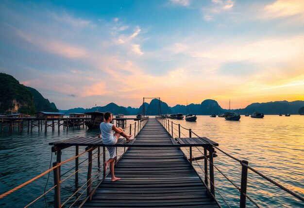 a man is standing on a dock with a boat in the background