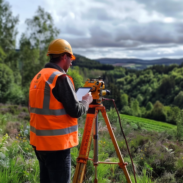 Photo a man is standing in a field with a camera on it