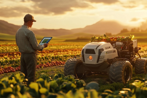 Photo a man is standing in a field with a tablet that says quot harvest quot on it