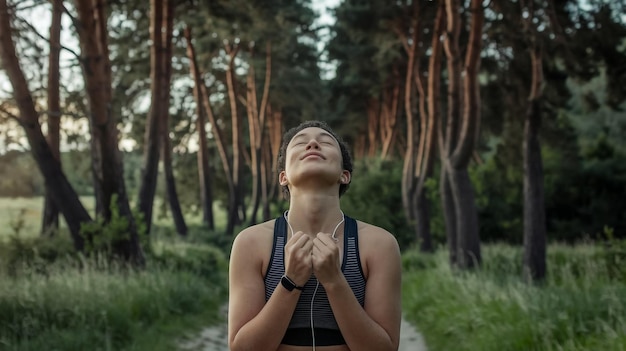 a man is standing in a forest with his eyes closed