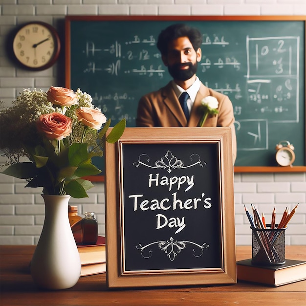 Photo a man is standing in front of a chalkboard that says happy teachers day