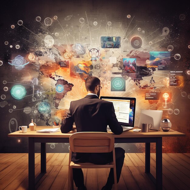 Photo a man is standing in front of a circle of different icons of social media