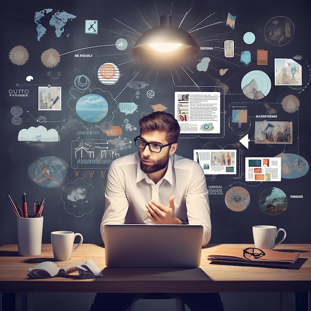 Photo a man is standing in front of a circle of different icons of social media