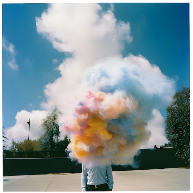 A man is standing in front of a cloud of smoke.