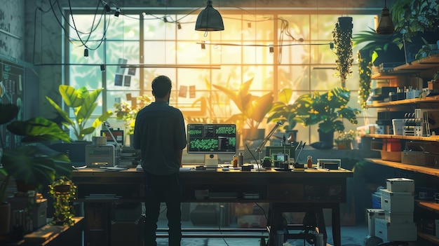 Photo a man is standing in front of a computer desk with a large monitor the room is filled with plants an