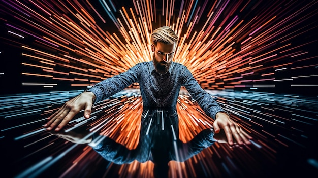 a man is standing in front of a fireworks display