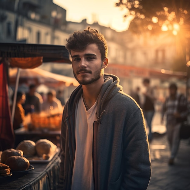 A man is standing in front of a food stand with a sign that says " the word " on it ".