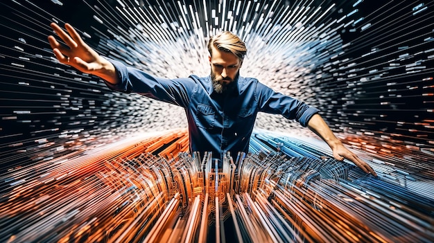 a man is standing in front of a giant fireworks