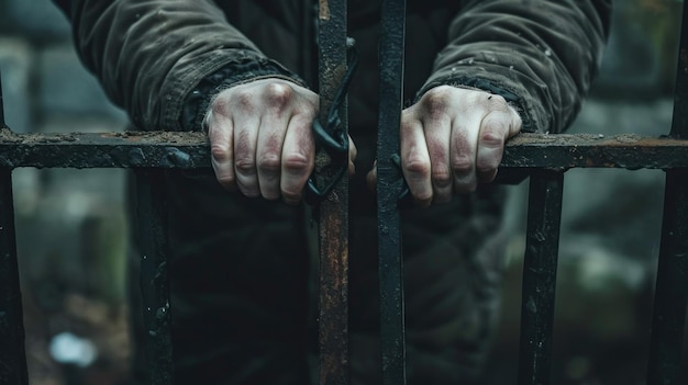 A man is standing in front of a metal gate with his hands on it the man is wearing a brown jacket