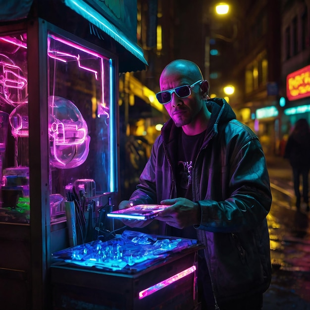 a man is standing in front of a neon sign that says quot the word quot