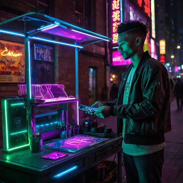 a man is standing in front of a neon sign that says quot the word quot