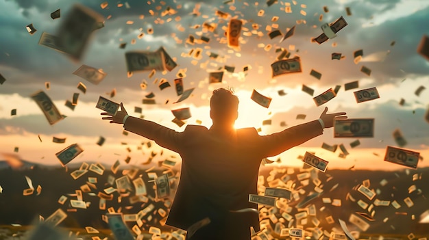 a man is standing in front of a pile of money and the word quot money quot on it