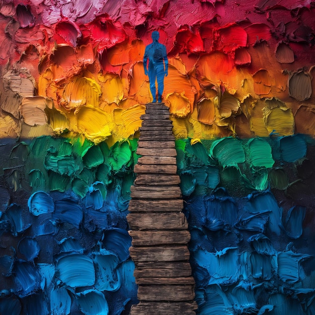 Photo a man is standing in front of a rainbow colored wall