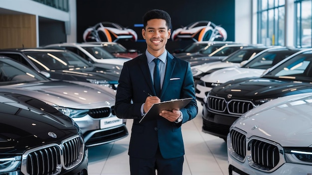 a man is standing in front of a row of cars