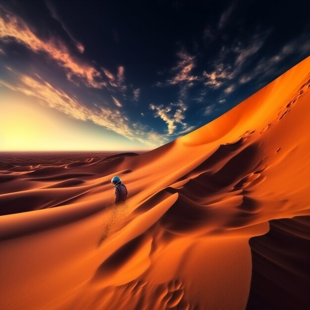 Photo a man is standing in front of a sand dune