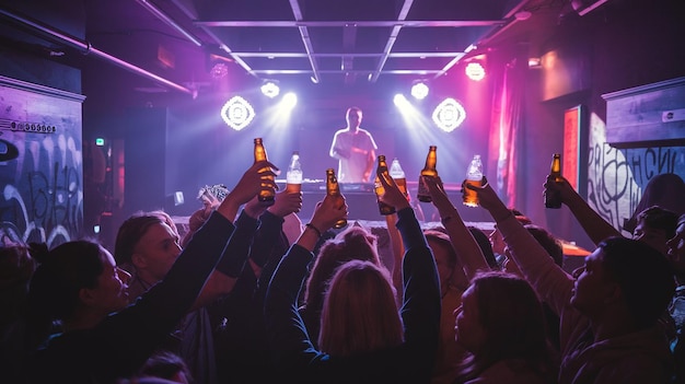 a man is standing in front of a stage with a microphone and a crowd of people holding up their phones