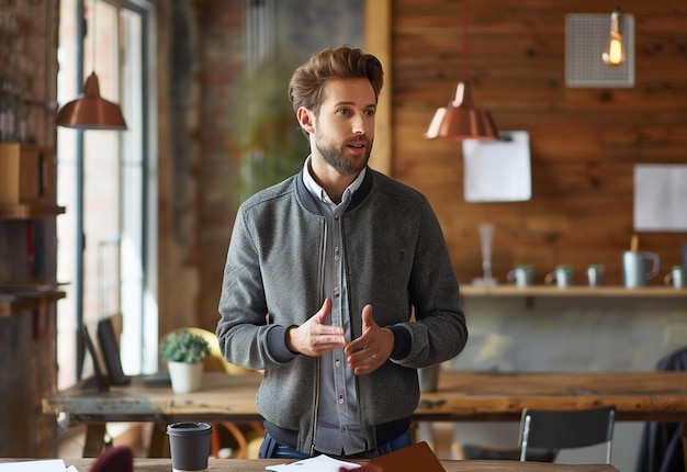 Photo a man is standing in front of a table with coffee cups and a laptop