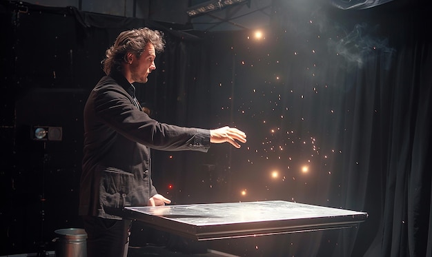 a man is standing in front of a table with stars on it