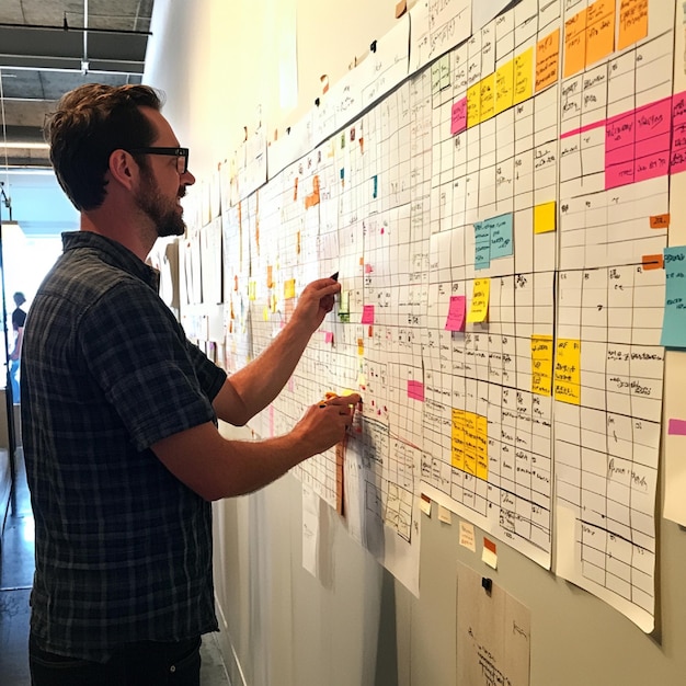 a man is standing in front of a wall with a calendar that says  monday