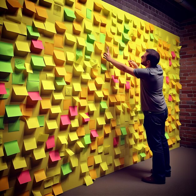 Photo a man is standing in front of a wall with many sticky notes on it