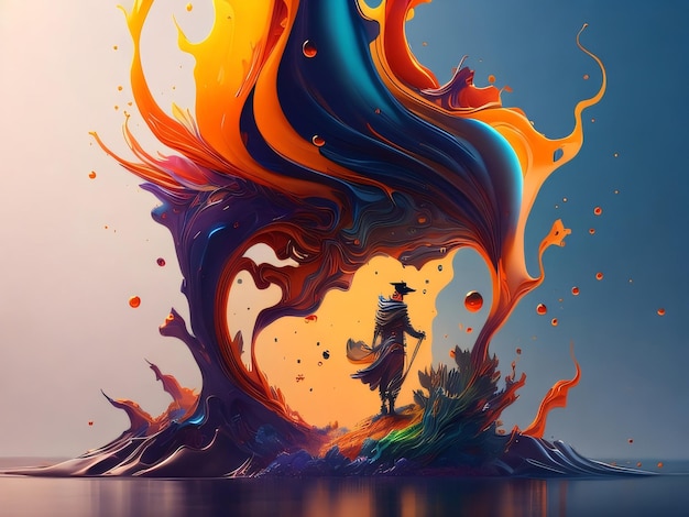 A man is standing in front of a wave that has a blue and orange paint splashing around it.