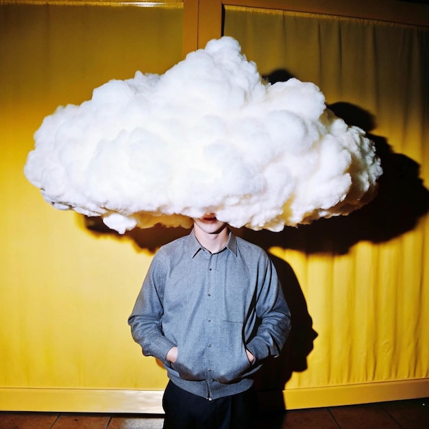 Photo a man is standing in front of a yellow wall with a cloud on his head