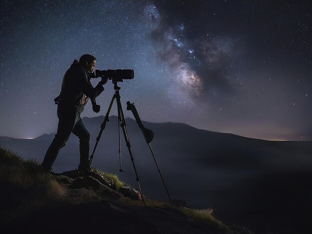 a man is standing on a hill with a camera on his shoulder