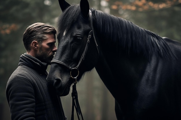 a man is standing next to a horse and a man is looking at the horse