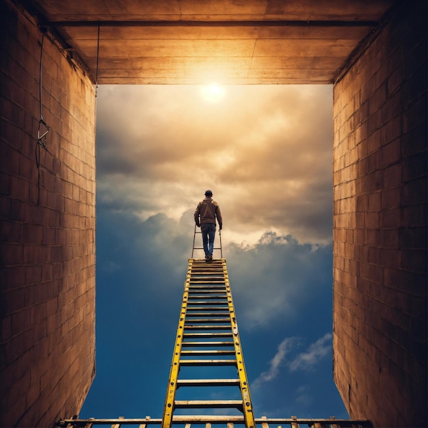 a man is standing on a ladder that is painted yellow and has a ladder on it