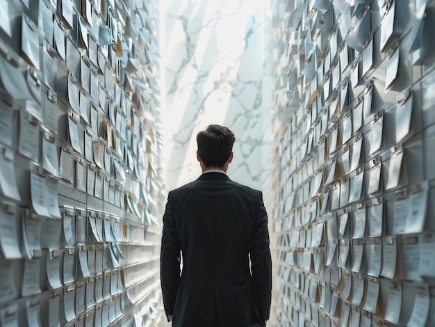 A man is standing in a large room full of empty glasses