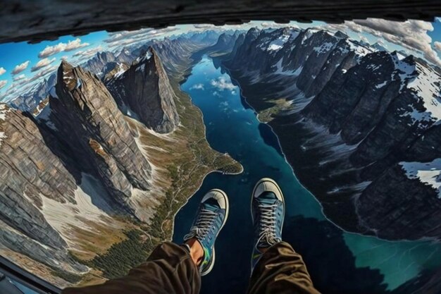 A man is standing on a ledge above a river and the sky is blue and the mountains are visible.