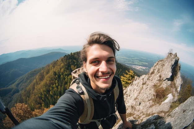 A man is standing on a mountain top and is wearing a backpack.