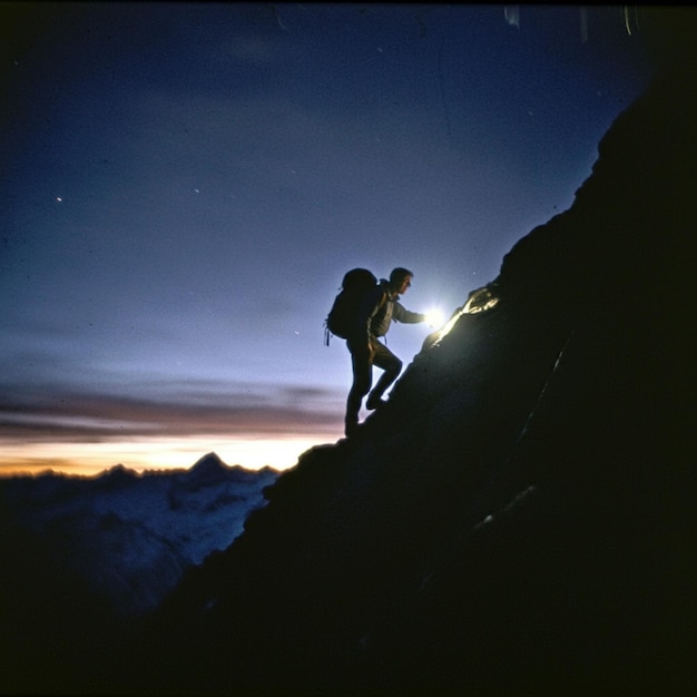 a man is standing on a mountain with a backpack and a backpack