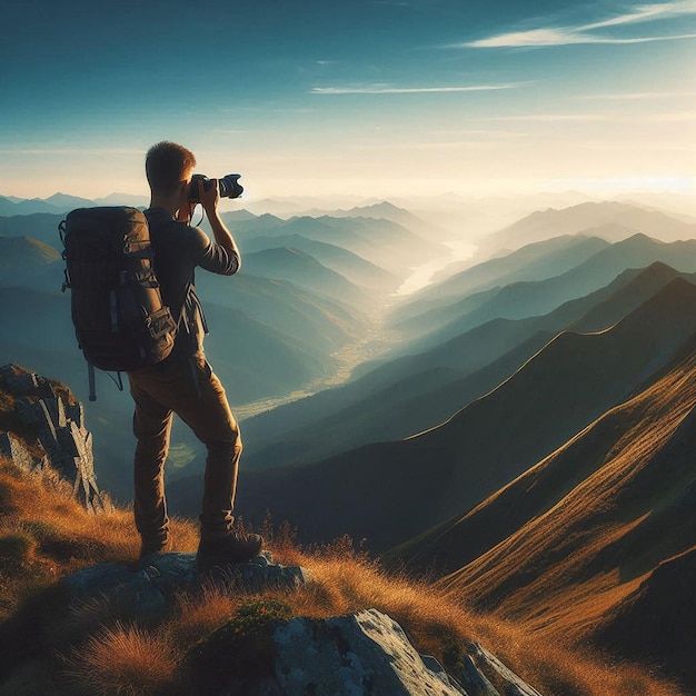 a man is standing on a mountain with a backpack and a mountain in the background