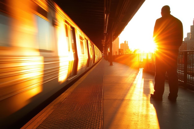 a man is standing on a platform with the sun setting behind him