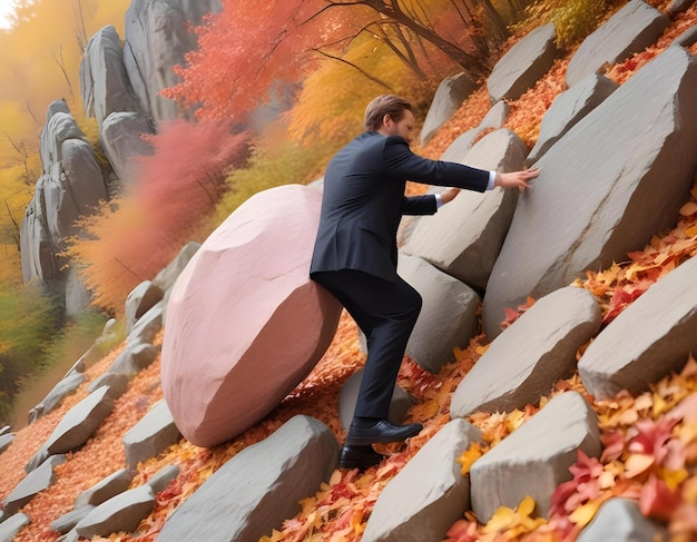 Photo a man is standing on a rock in the fall