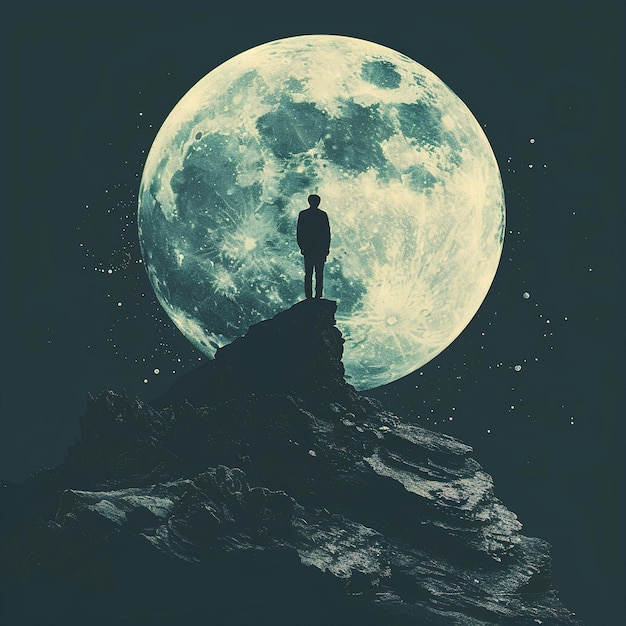 Photo a man is standing on a rock with a full moon behind him