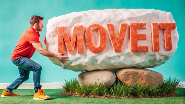 Photo a man is standing next to a rock with the word move on it