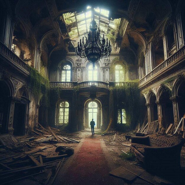 Photo a man is standing in a room with a chandelier hanging from the ceiling