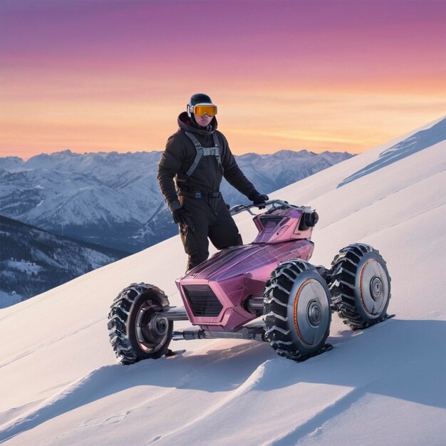 a man is standing on a snowmobile with the mountains in the background