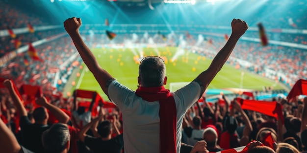 A man is standing in a stadium with his arms in the air AIG41